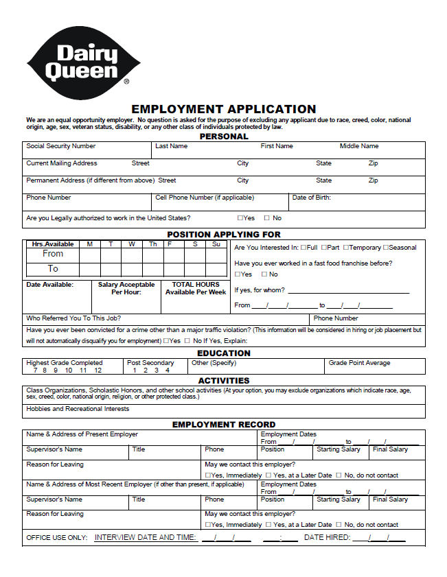 Dairy Queen Application Printable Out